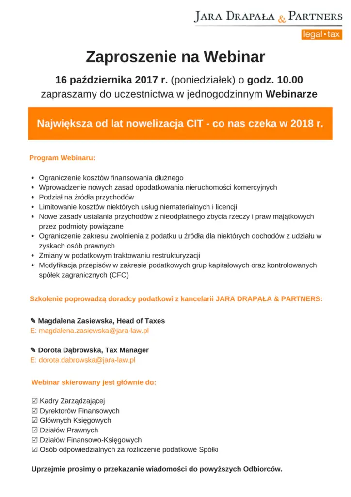 Webinar podatkowy JD&P: Największa od lat nowelizacja CIT - co nas czeka w 2018 r.